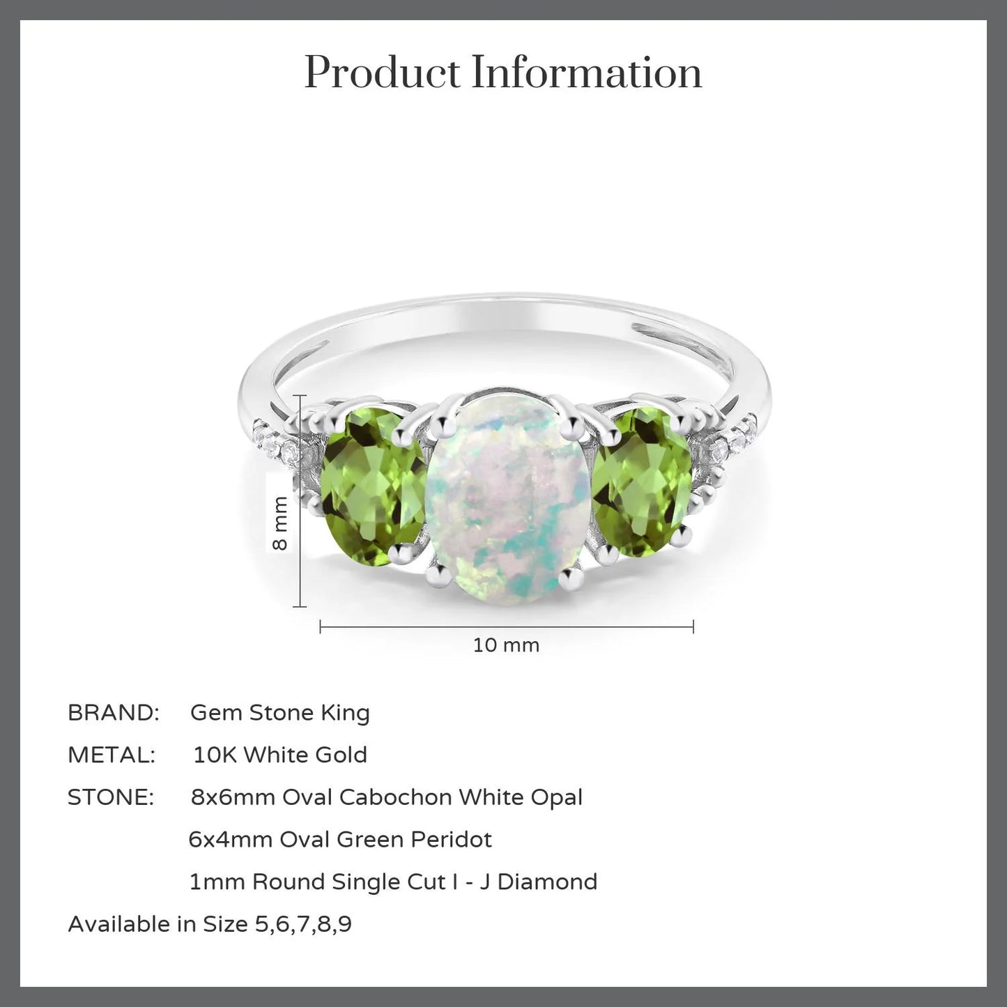 2.10 Cttw 10K White Gold Cabochon White Simulated Opal Green Peridot and Diamond Accent Three-Stone Engagement Ring for Women | Three Stone Wedding Anniversary Promise Ring