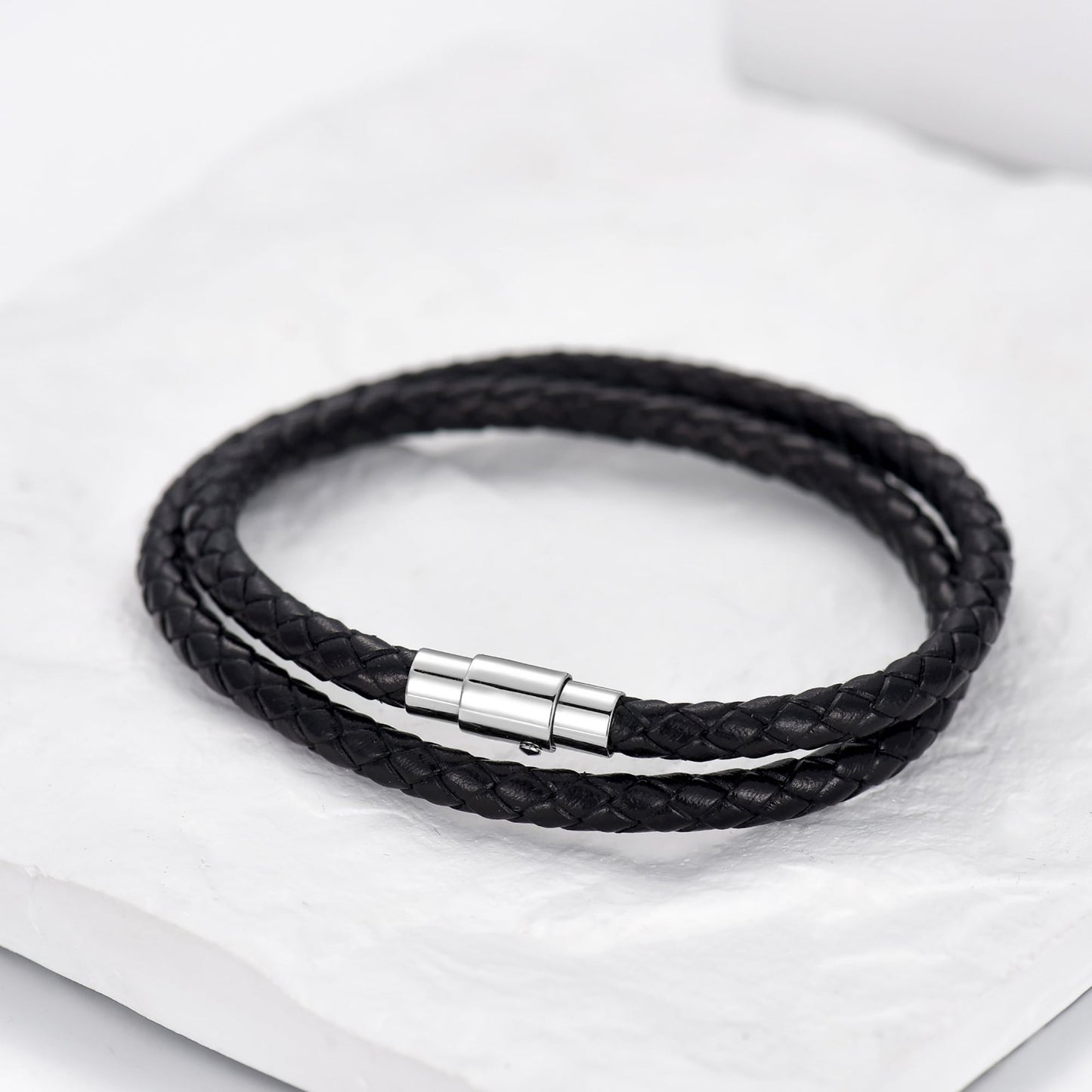 Father'S Day Gifts Italian plus Size Leather Bracelet for Men Women Genuine Double Wrap Black Braided Leather Cuff Bangle Christmas Bracelets for Dad Son Brother, 14 Inches