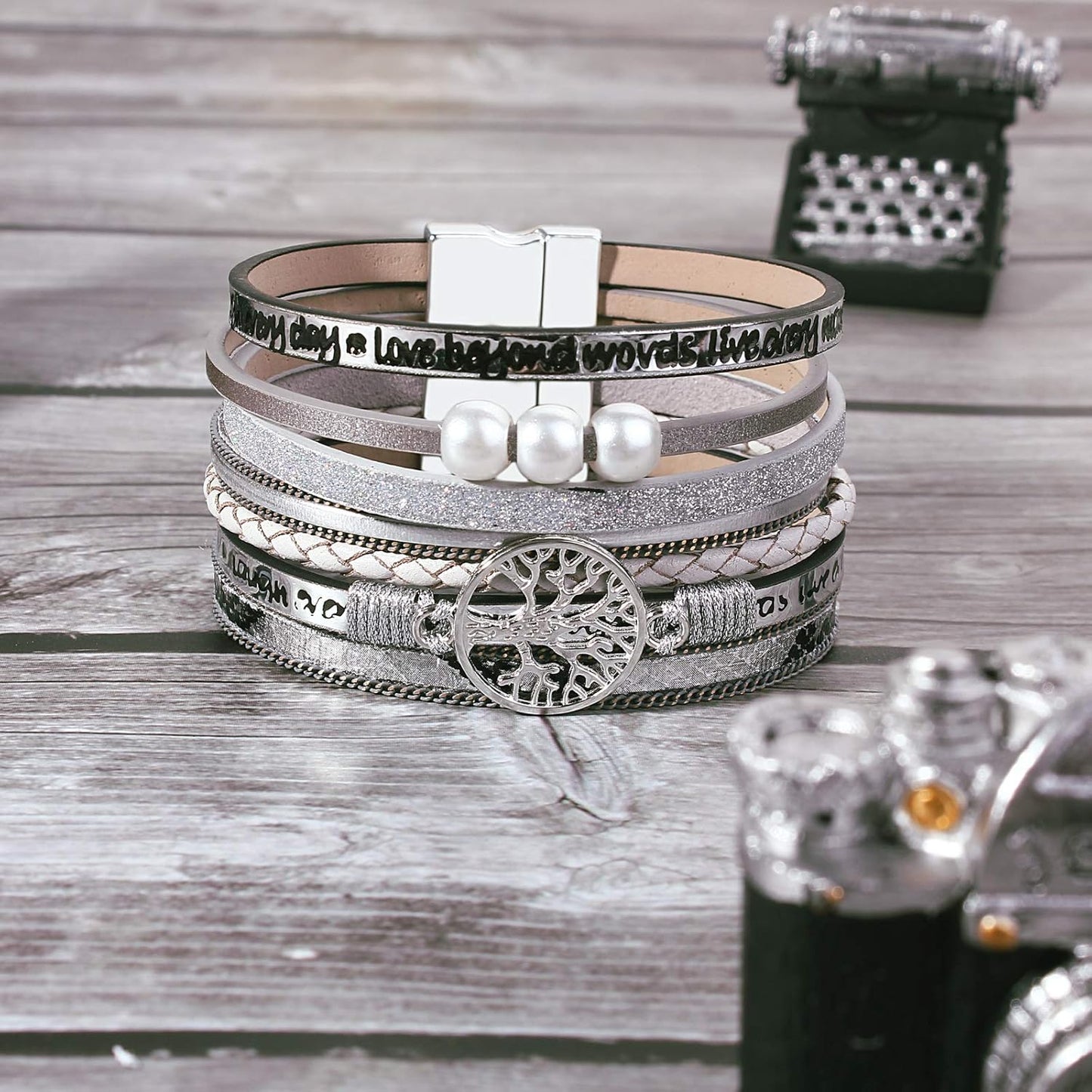 Tree of Life Leather Wrap Bracelet Inspirational Cuff Bangles Boho Pearl Bracelets with Magnetic Clasp Unique Jewelry Gifts for Women