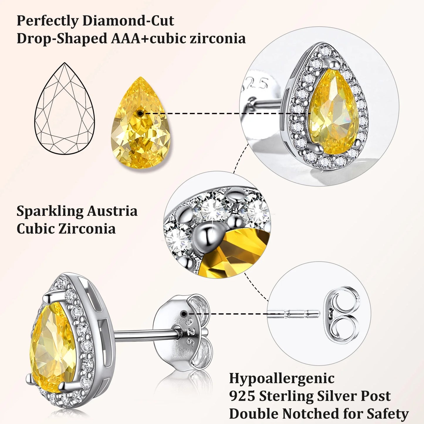 925 Sterling Silver Birthstone Stud Earrings for Women, Sparking November Teardrop Cut Diamond Earrings for Sensitive Ears