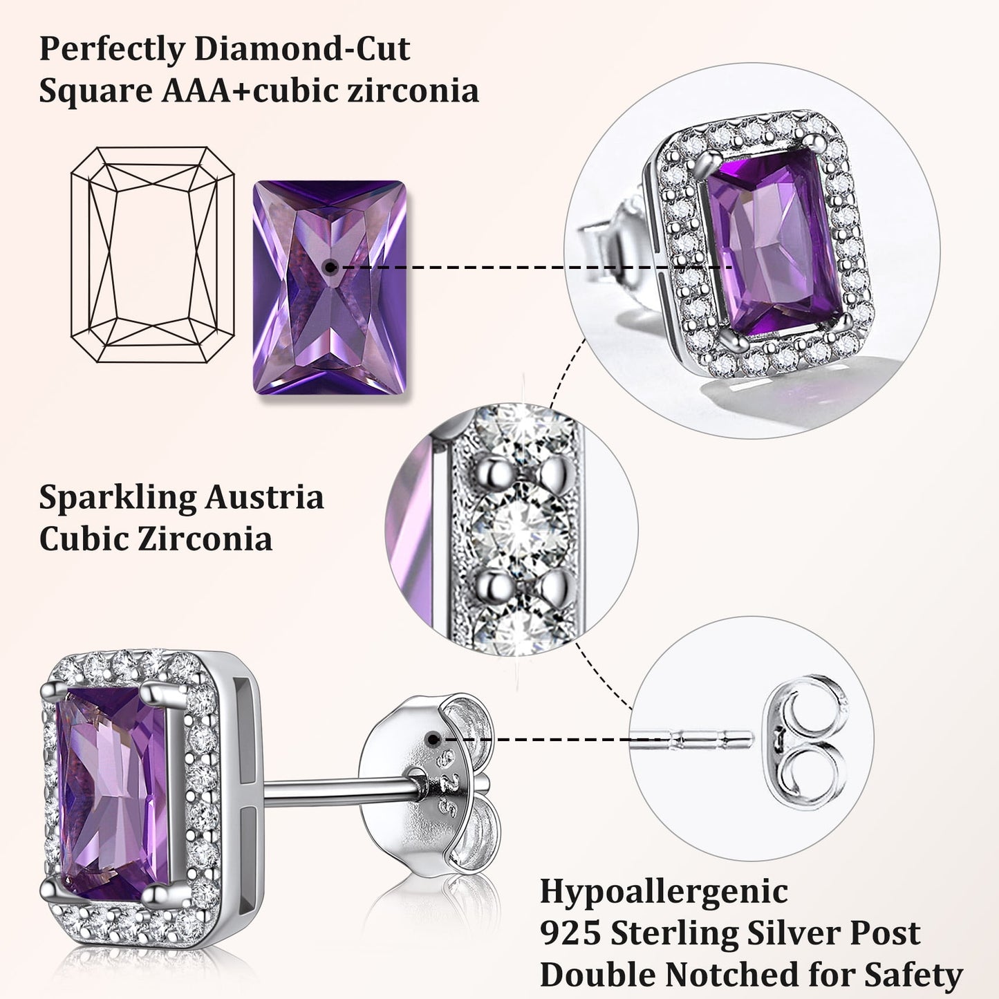 Square Diamond Stud Earrings February Amethyst Birthstone Earrings, Sterling Silver Earrings Birthday Jewelry Gift for Women