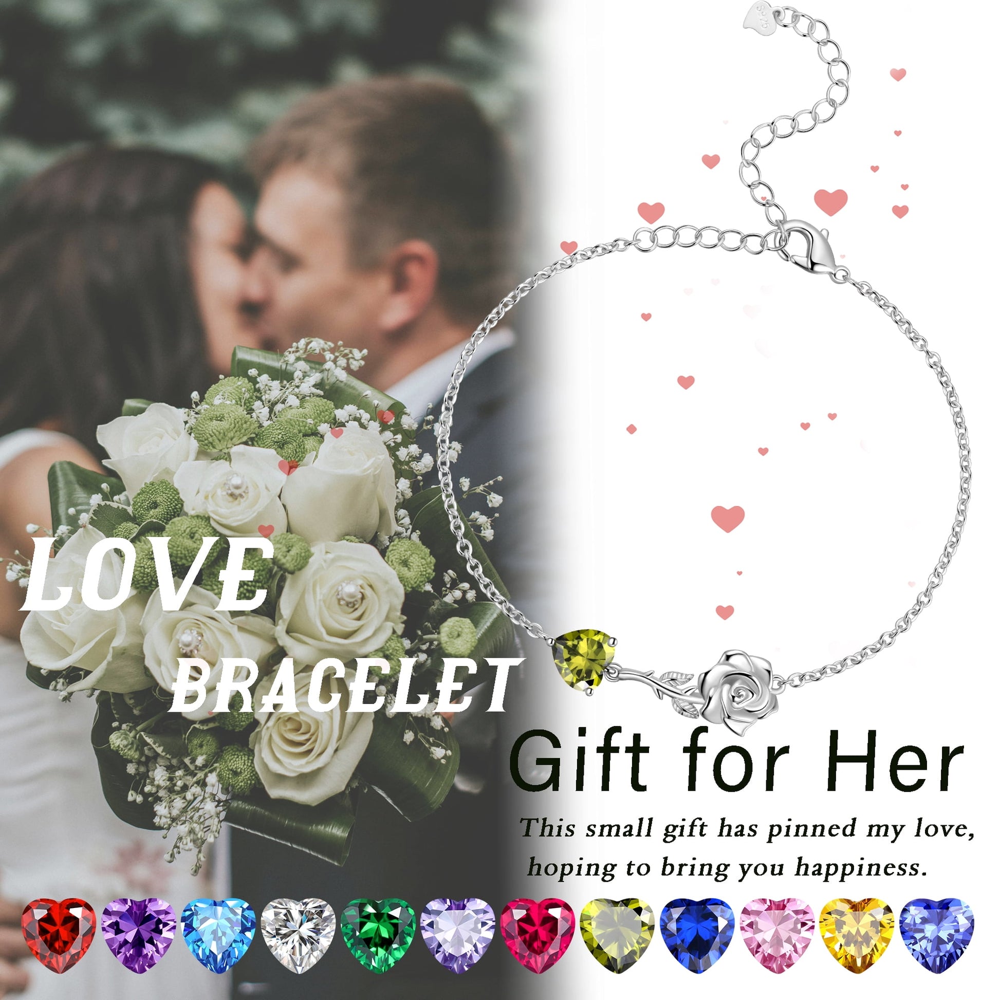 925 Sterling Silver Heart Birthstone Bracelet,Rose Flower Heart Charm Bracelet Adjustable Link Chain Jewelry Gifts for Women Mom Girls-November