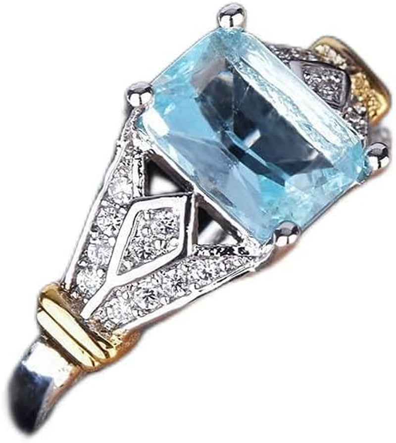 Fashion Ring Aquamarine Gemstone Ring Elegant Women 925 Sterling Silver Wedding Rings Emerald Cut Birthstone Ring Anniversary Statement Eternity Ring for Women ST.167 (Blue, 8)