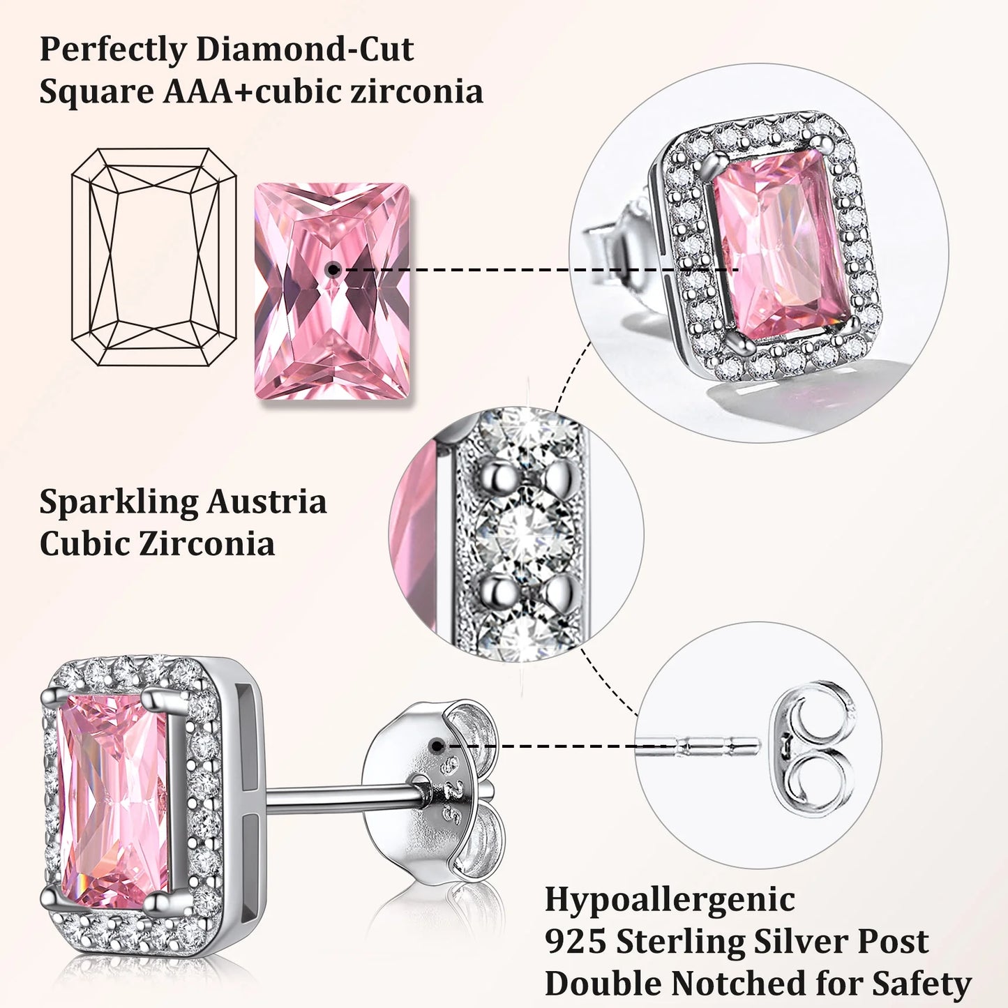 Square Diamond Stud Earrings October Tourmaline Birthstone Earrings, Sterling Silver Earrings Birthday Jewelry Gift for Women