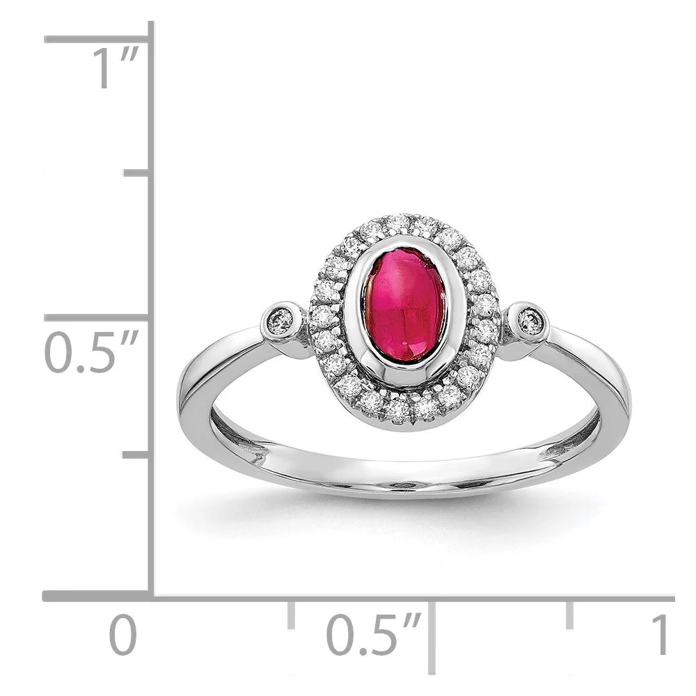 Real 14Kt White Gold Diamond and Oval Cabochon Ruby Halo Ring Size: 7; for Adults and Teens; for Women and Men