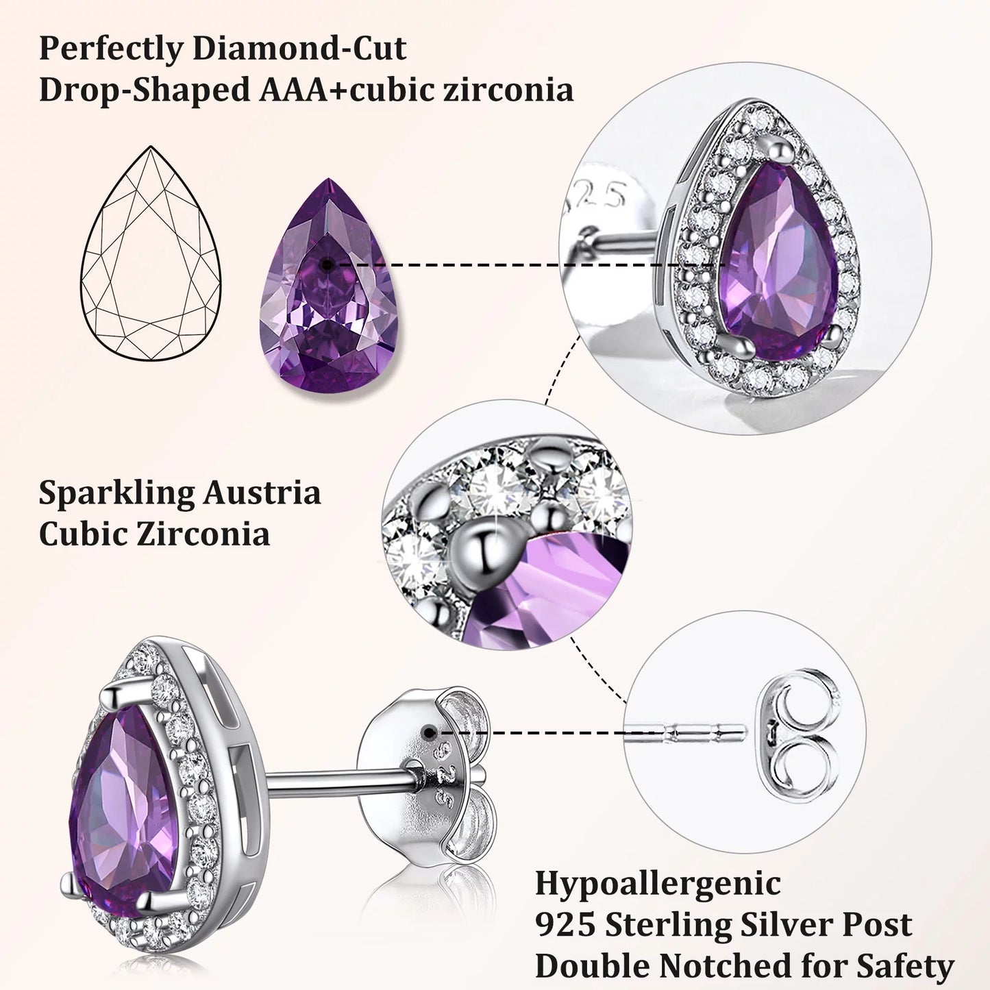 925 Sterling Silver Birthstone Stud Earrings for Women, Sparking February Teardrop Cut Diamond Earrings for Sensitive Ears