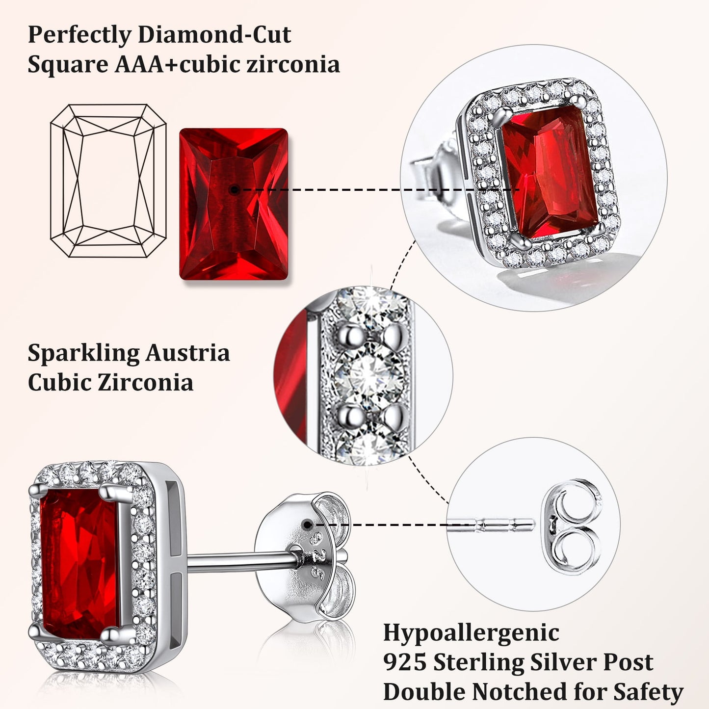 Square Diamond Stud Earrings January Garnet Birthstone Earrings, Sterling Silver Earrings Birthday Jewelry Gift for Women