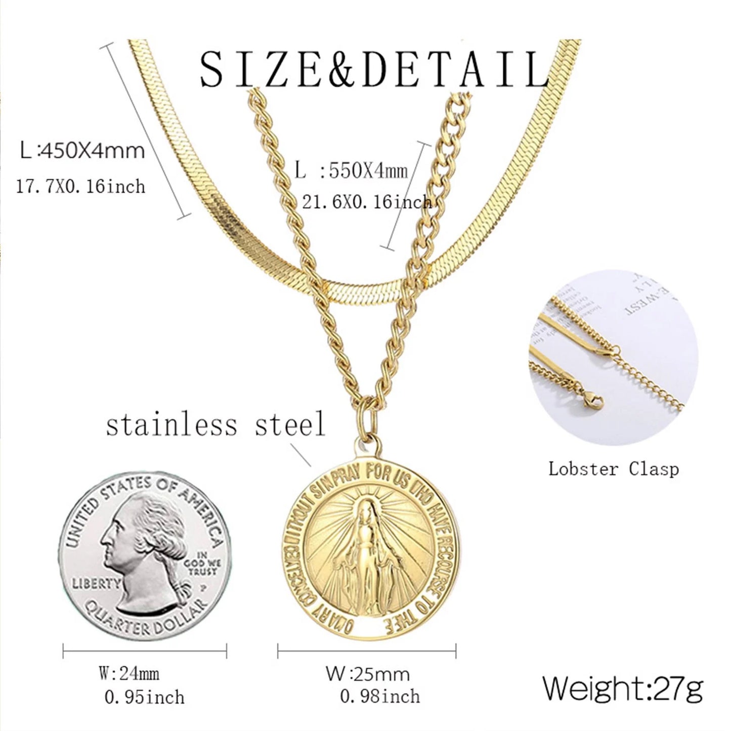 Virgin Mary Vintage Commemorative Coin Double Layered Necklace | Stainless Steels Pendant Necklace Jewelry Gift for Men Women