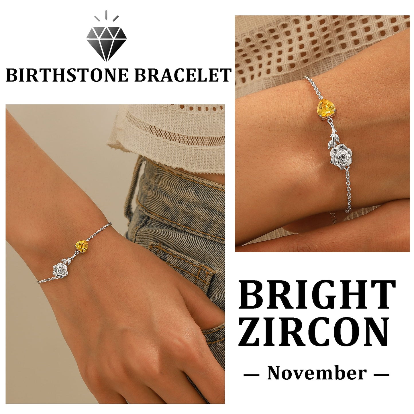 925 Sterling Silver Heart Birthstone Bracelet,Rose Flower Heart Charm Bracelet Adjustable Link Chain Jewelry Gifts for Women Mom Girls-November