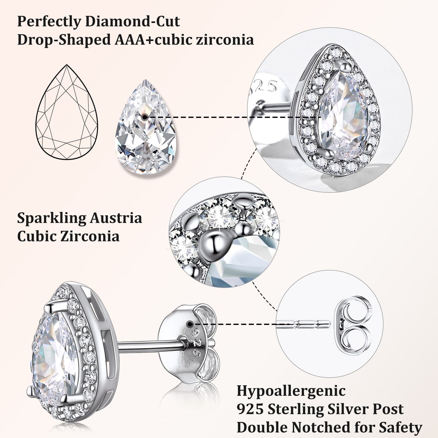 925 Sterling Silver Birthstone Stud Earrings for Women, Sparking April Teardrop Cut Diamond Earrings for Sensitive Ears