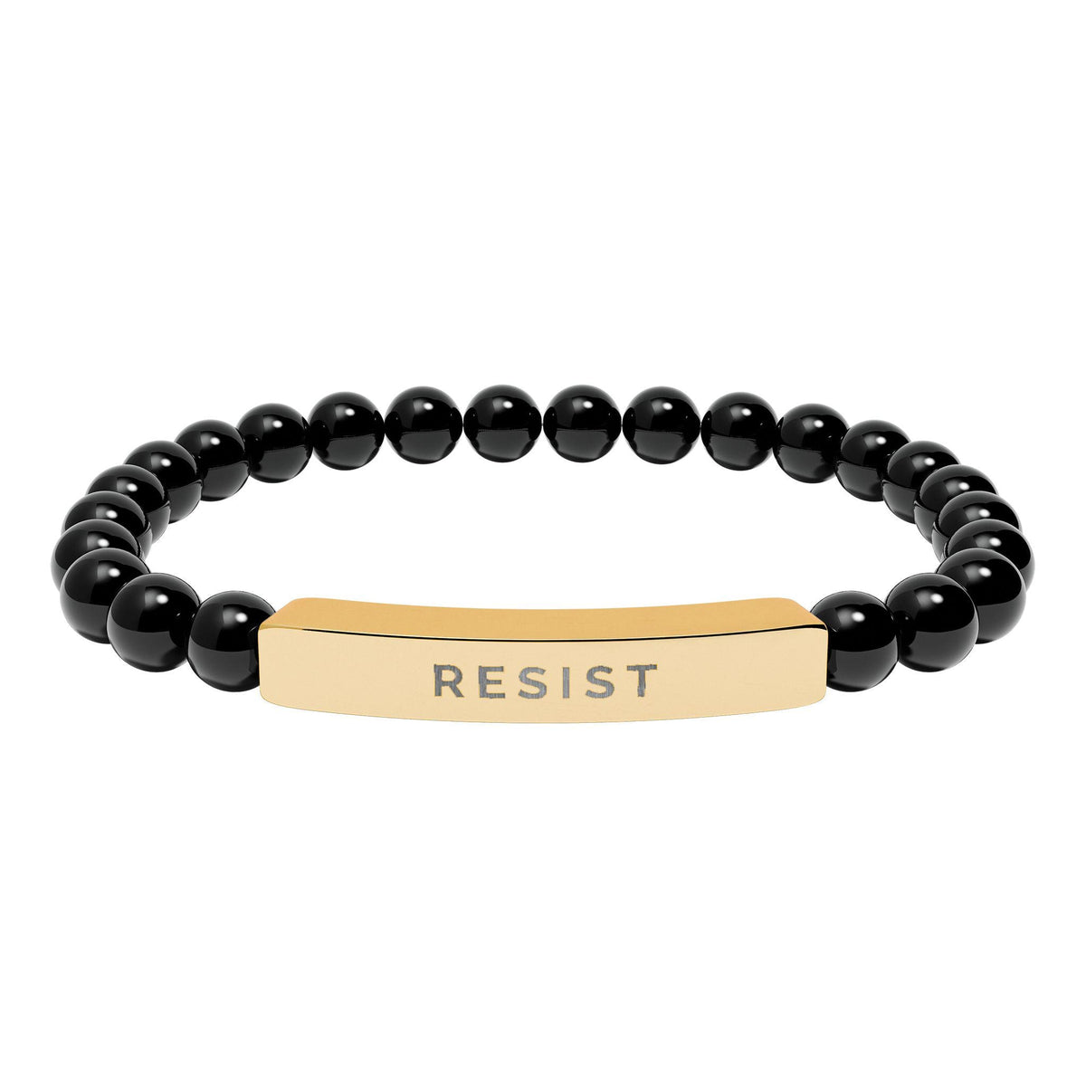 18K Gold-Plated RESIST Engraved Black Onyx Beaded Bracelet