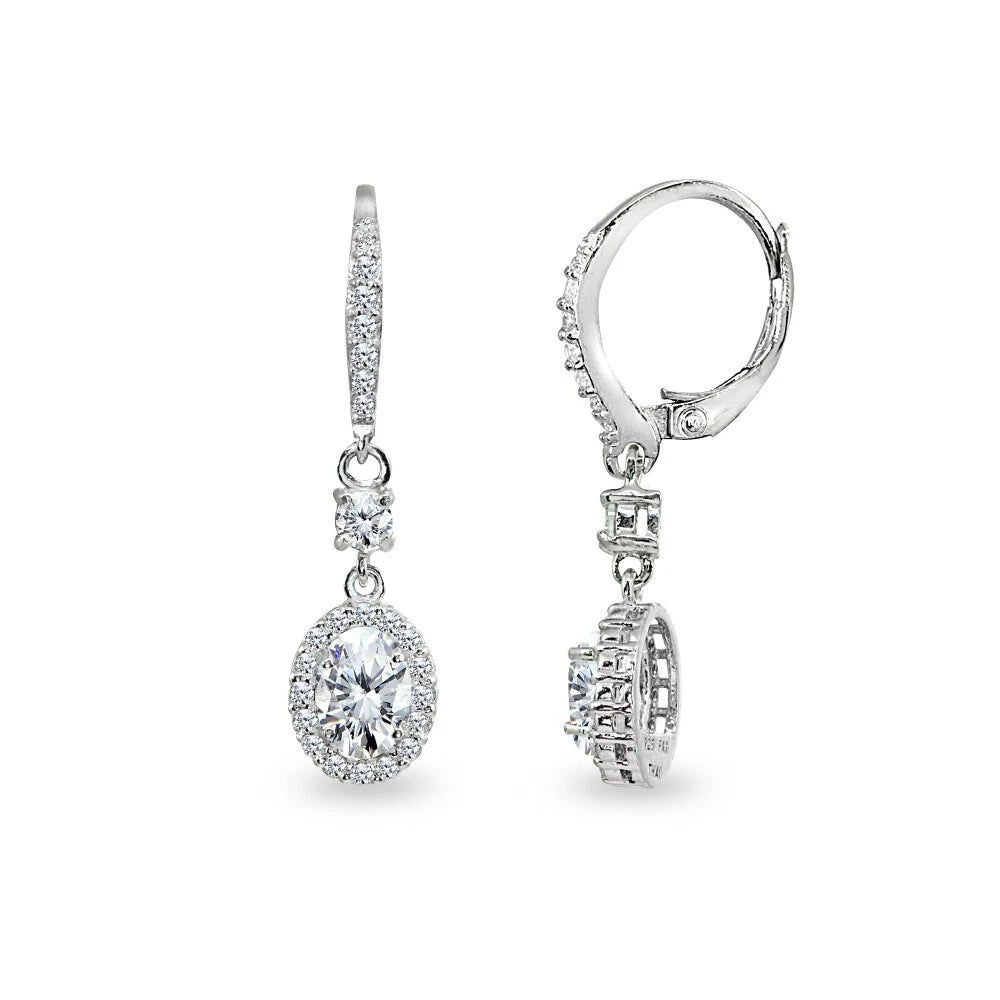 Sterling Silver Oval-Cut CZ Halo Lever-back Earrings