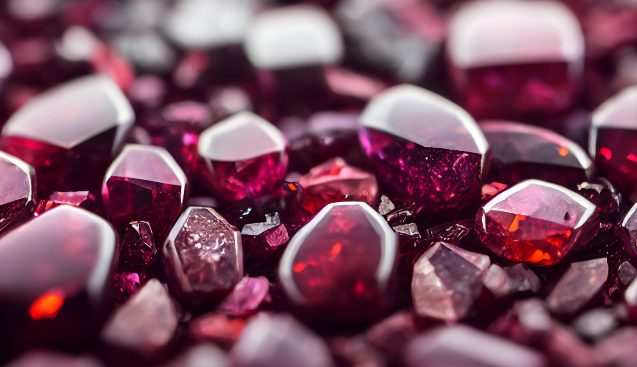 A collection of loose garnet gemstones in various cuts, showcasing their deep red brilliance.