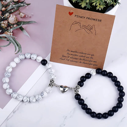 2Pcs/Set Natural Stone Beaded Heart Magnet Attraction Couple Bracelets for Women Men Simple Love Relationship Bracelet Jewelry