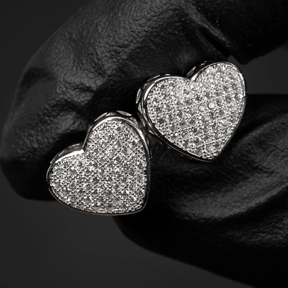 Large White Gold 925 Sterling Silver Micro Pave Women'S Cz Heart Stud Earrings