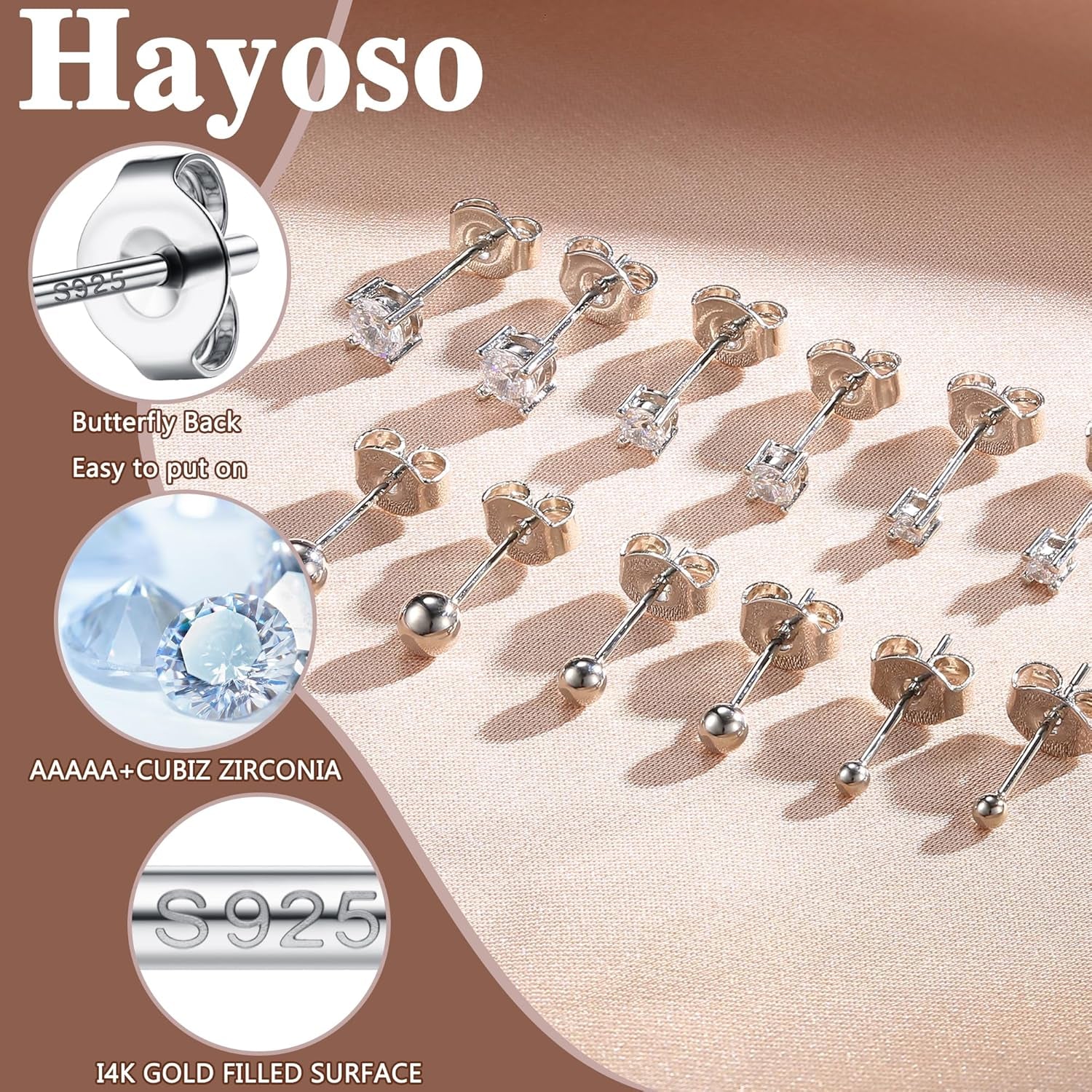 6 Pairs Sterling Silver Stud Earrings for Women, Cubic Zirconia Stud Earrings, Tiny Ball Stud Hypoallergenic Earrings, Small Tragus Cartilage Earrings Set for Men 2Mm,3Mm,4Mm