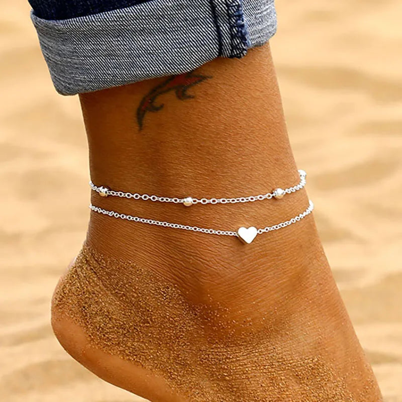Women'S Anklet Bohemian Layered Heart Anklet Summer Beach Anklets on Foot Ankle Bracelets for Women Leg Chain