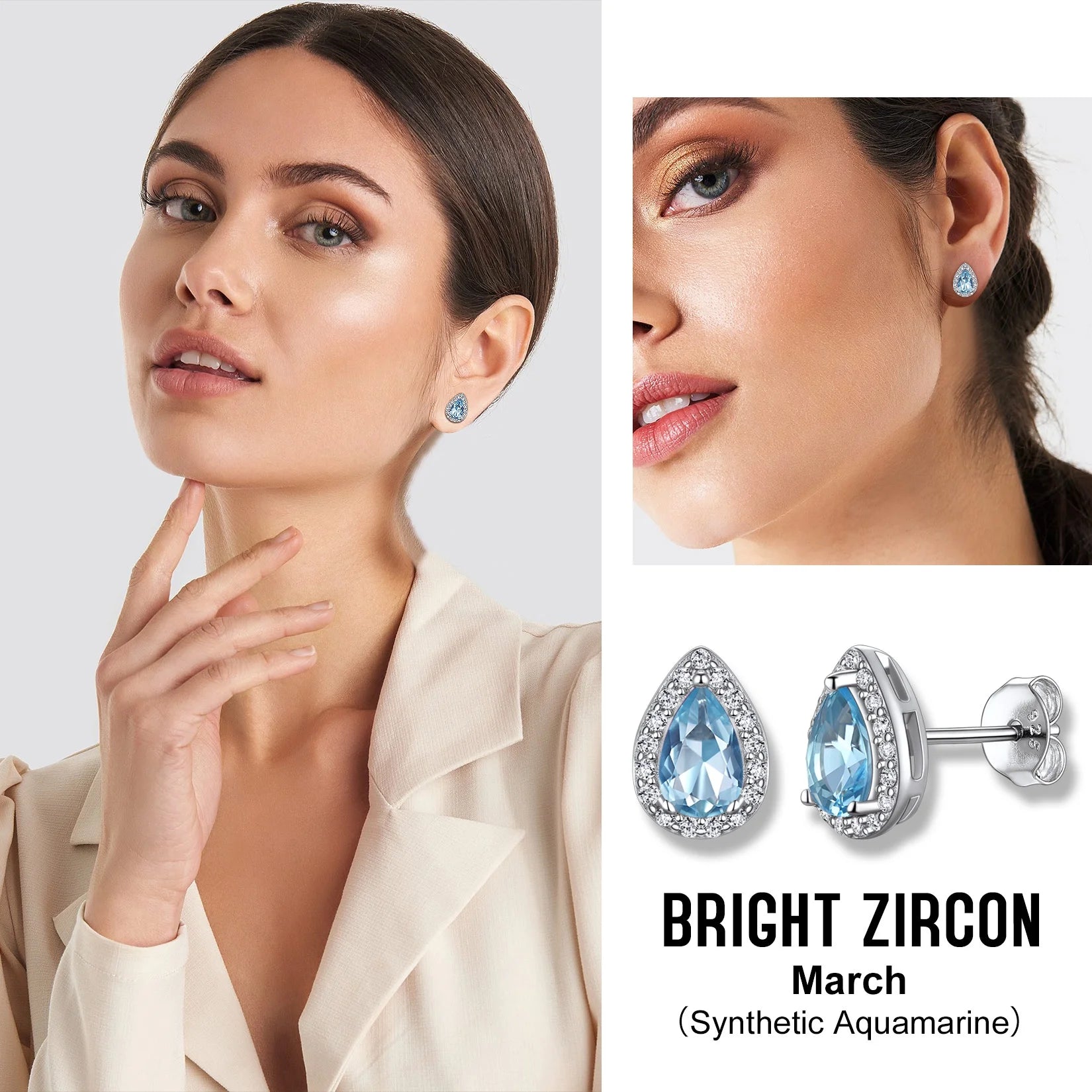 925 Sterling Silver Birthstone Stud Earrings for Women, Sparking March Teardrop Cut Diamond Earrings for Sensitive Ears