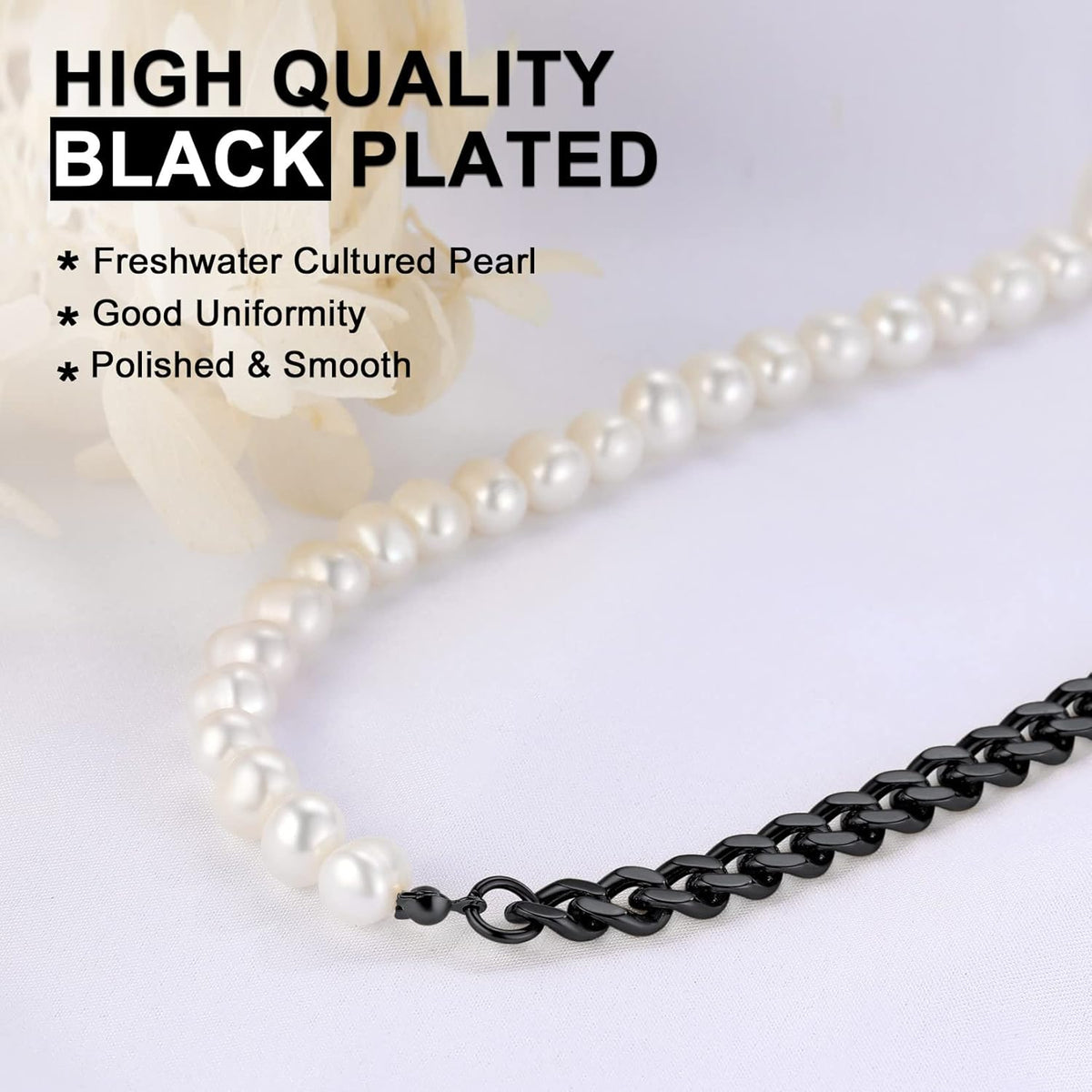 Pearl Necklaces for Men Women, Freshwater Cultured Pearl Strand, Faux Pearl, Baroque Pearl Necklace, Half Pearl Half Chain Necklace, Color White or Black Pearl Chokers