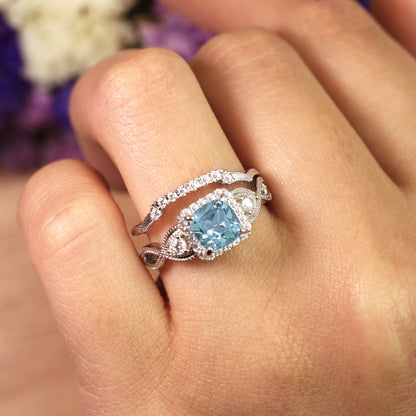 Filigree 1.75 Carat Princess Cut Created Aquamarine and Moissanite Wedding Ring Set in 18K White Gold over Silver