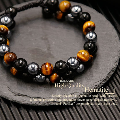 Triple Protection Bracelet, Tigers Eye Black Obsidian and Hematite 8Mm Beads Bracelet for Men Women, Jewelry Healing Bracelets Bring Luck and Prosperity and Happiness