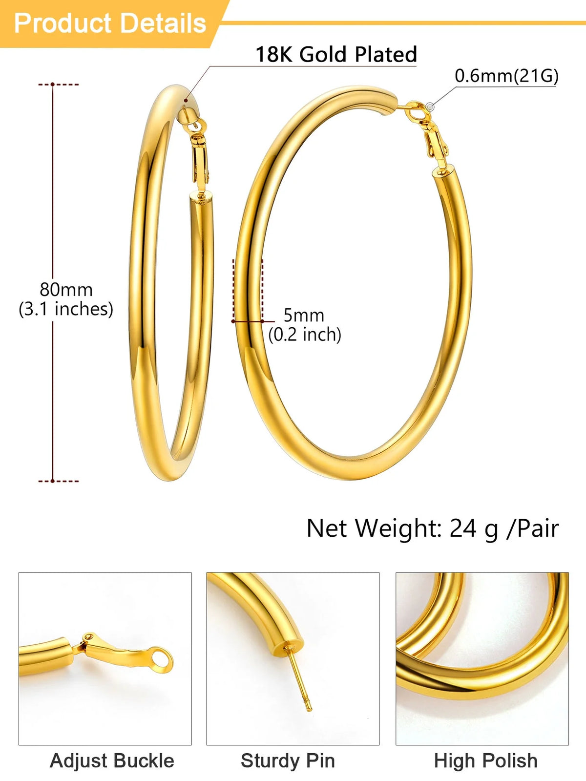 Chunky Hoop Earrings for Women Stainless Steel Jewelry 14K Gold Plated Large Earring 80Mm Birthday Christmas Gift for Daughter Wife