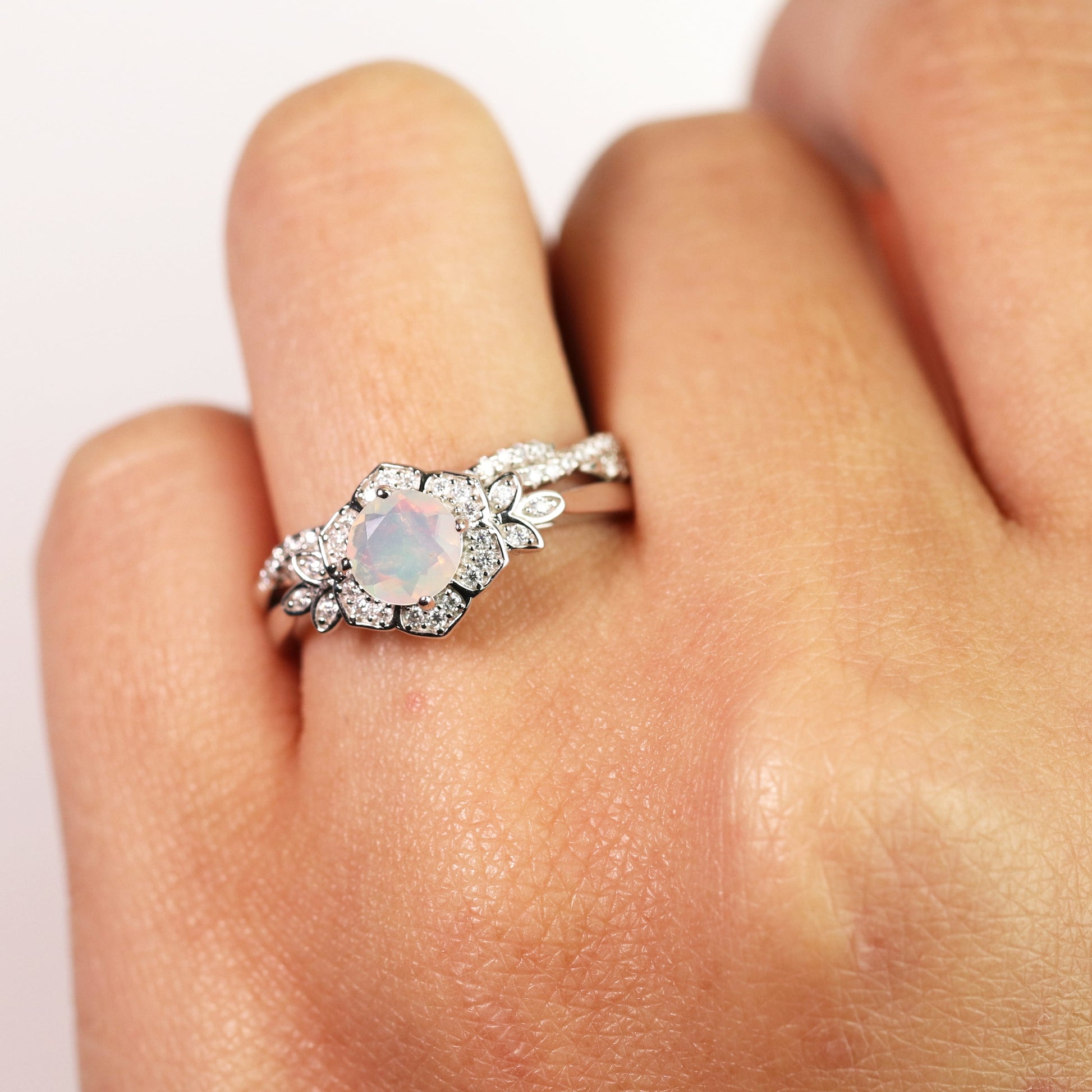 1.75 Ct Genuine round Blue Opal and Moissanite Bridal Ring Set in 18K White Gold over Silver