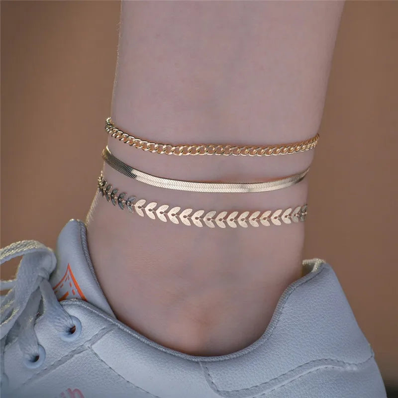 3Pcs/Set Gold Color Simple Chain Anklets for Women Beach Foot Jewelry Leg Chain Ankle Bracelets Women Accessories