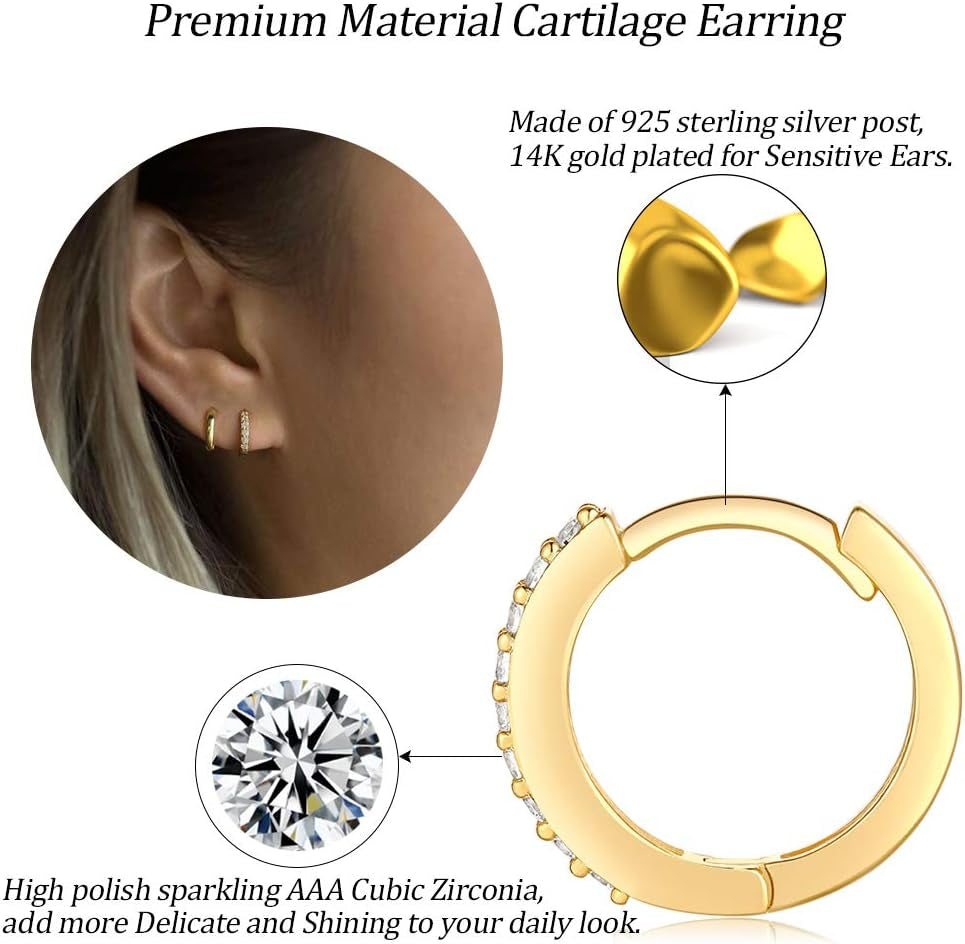 Silver Hoop Earrings for Women, 3 Pairs Small Sterling Silver Huggie Earrings | Tiny Cubic Zirconia Cartilage Cuff Earrings Hoop Piercing Jewellery for Men Teens (8Mm/10Mm/12Mm)