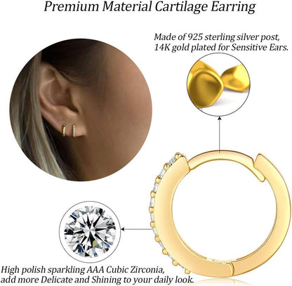 Silver Hoop Earrings for Women, 3 Pairs Small Sterling Silver Huggie Earrings | Tiny Cubic Zirconia Cartilage Cuff Earrings Hoop Piercing Jewellery for Men Teens (8Mm/10Mm/12Mm)