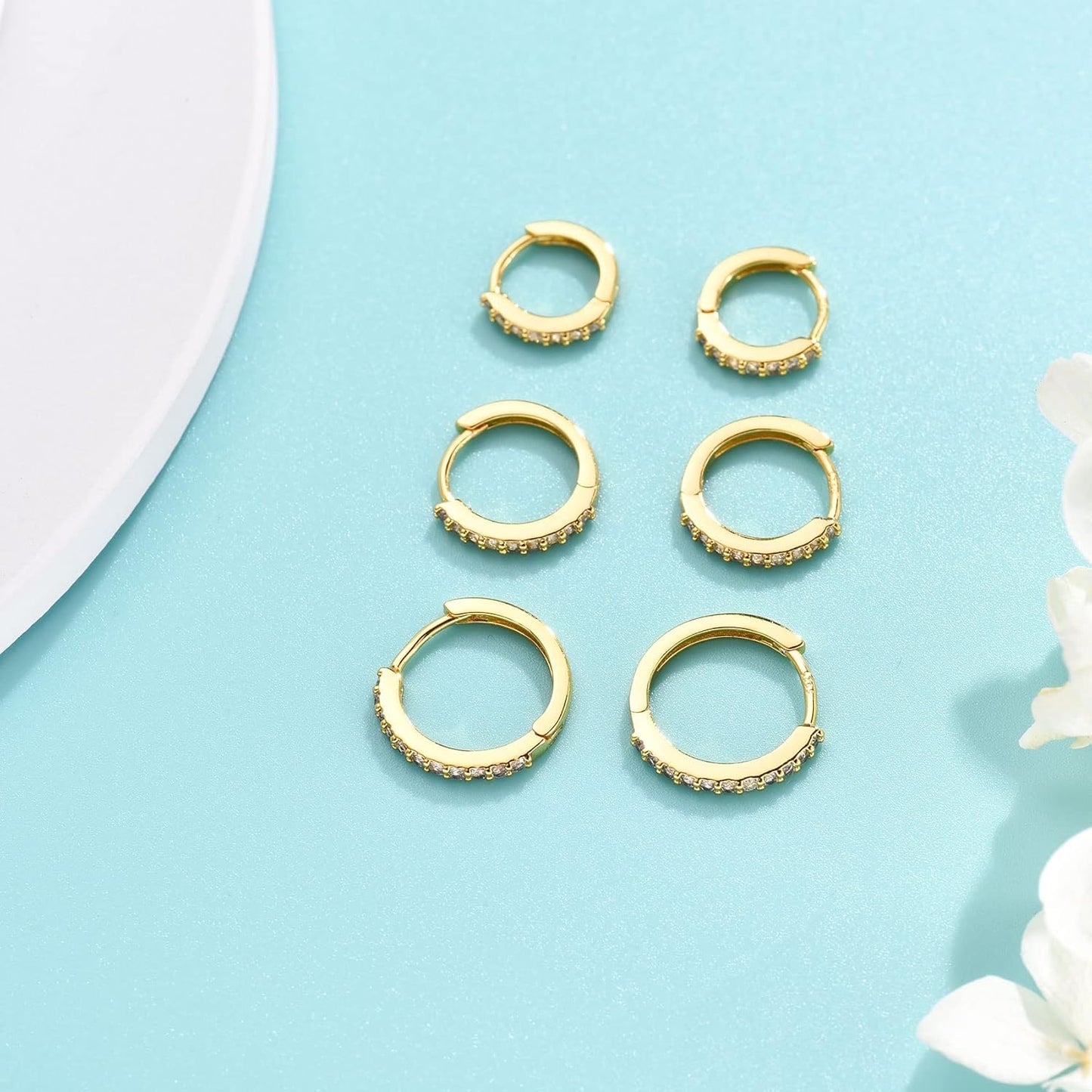 Silver Hoop Earrings for Women, 3 Pairs Small Sterling Silver Huggie Earrings | Tiny Cubic Zirconia Cartilage Cuff Earrings Hoop Piercing Jewellery for Men Teens (8Mm/10Mm/12Mm)