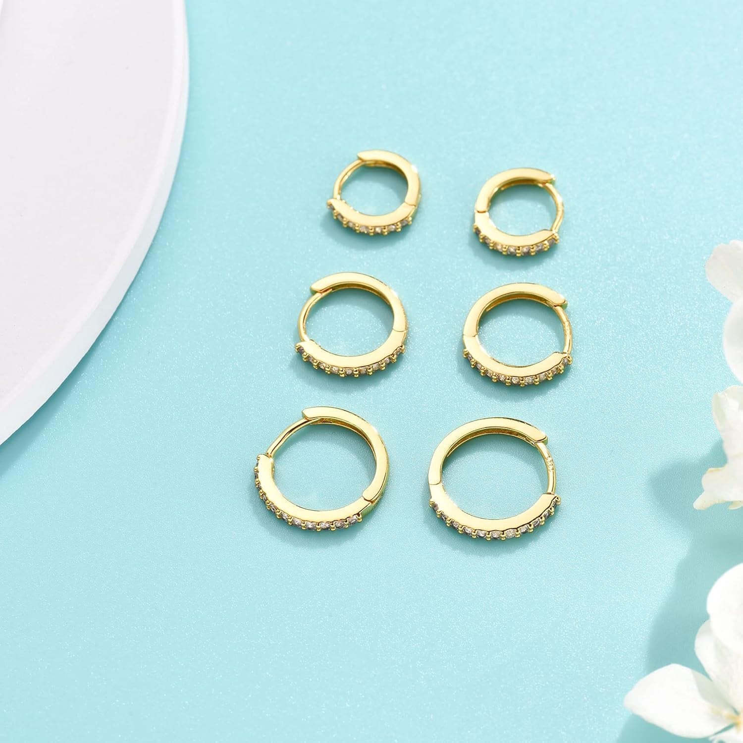 Silver Hoop Earrings for Women, 3 Pairs Small Sterling Silver Huggie Earrings | Tiny Cubic Zirconia Cartilage Cuff Earrings Hoop Piercing Jewellery for Men Teens (8Mm/10Mm/12Mm)