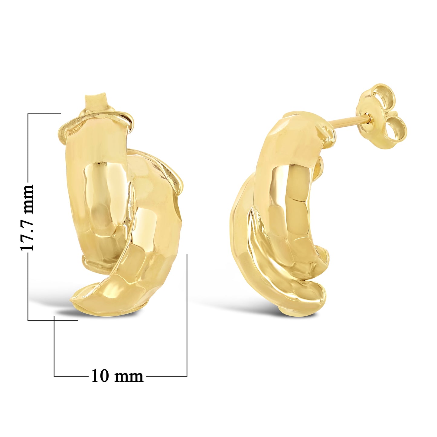 Italian 14K Yellow Gold Shiny Entwined Hammered Flat Quarter Hoop Stud Earrings