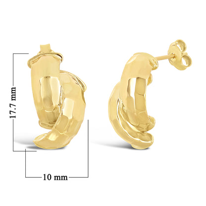 Italian 14K Yellow Gold Shiny Entwined Hammered Flat Quarter Hoop Stud Earrings