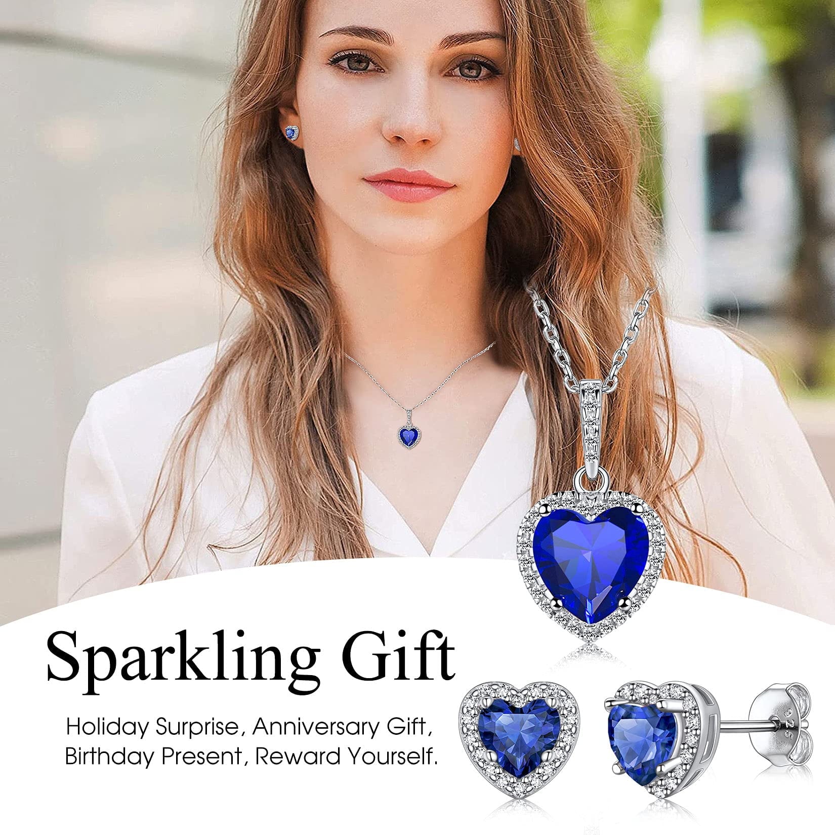 Birthstone Stud Earrings for Women, 925 Sterling Silver Heart Created Diamond Studs Earrings Christmas/Birthday Gifts - September