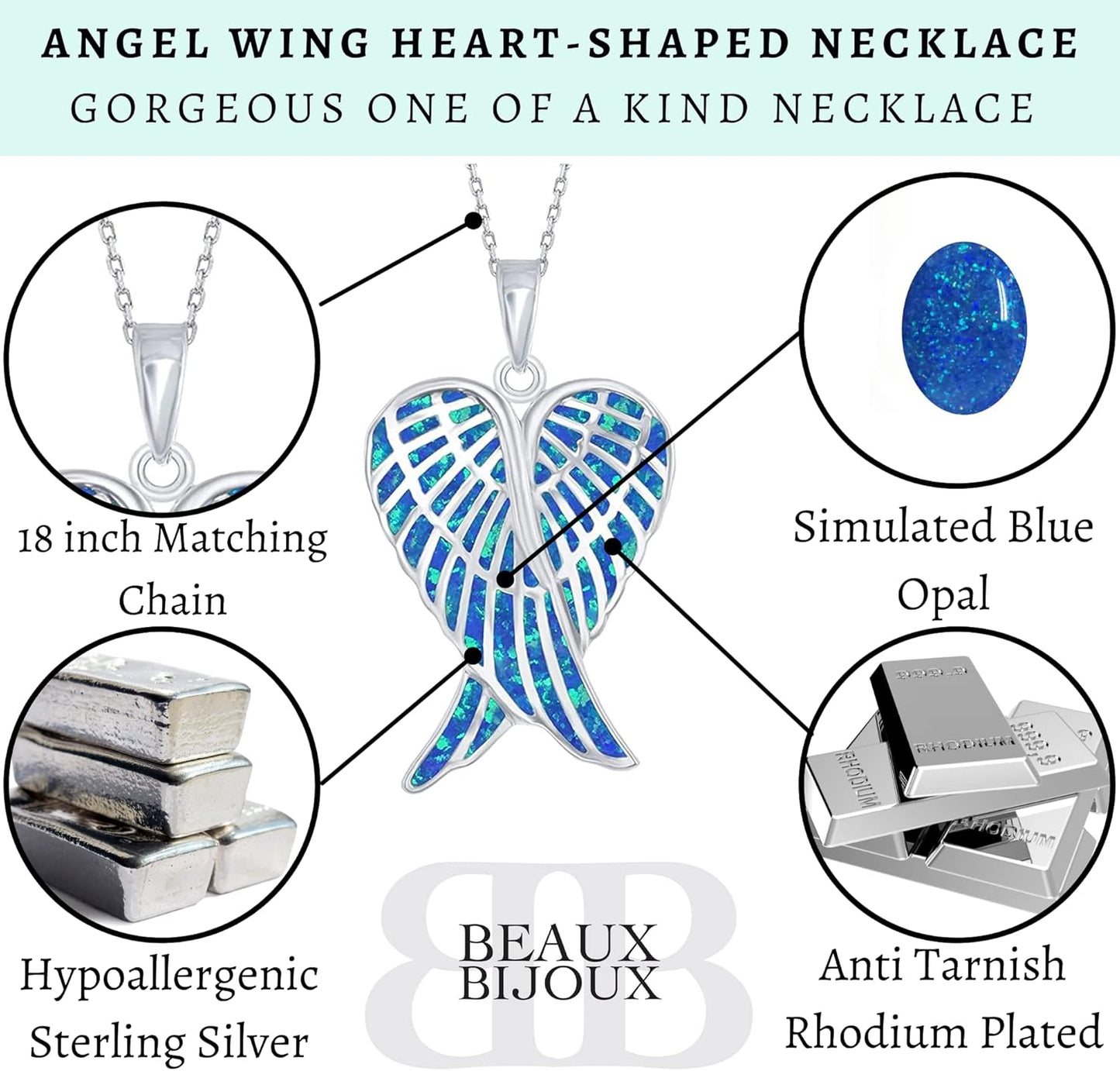 Sterling Silver Angel Wing Heart Necklace - Simulated White, Pink or Blue Opal - Meaningful Guardian Angel Gift for Women