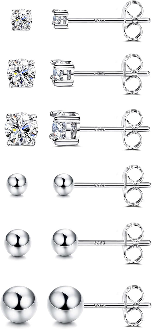 6 Pairs Sterling Silver Stud Earrings for Women, Cubic Zirconia Stud Earrings, Tiny Ball Stud Hypoallergenic Earrings, Small Tragus Cartilage Earrings Set for Men 2Mm,3Mm,4Mm