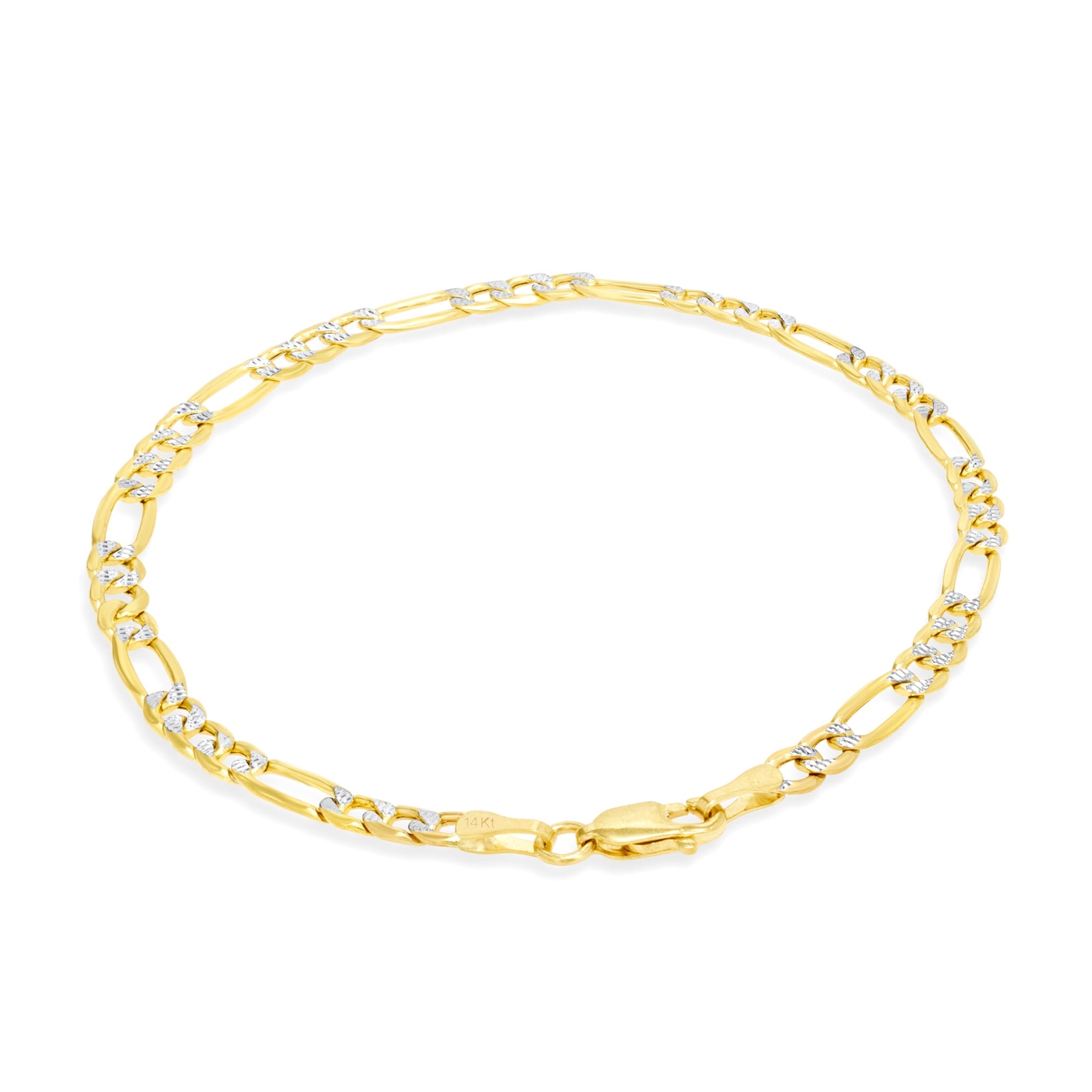 14K Real Yellow Gold Figaro Link 4.5Mm Diamond Cut Pave Chain Bracelet (7"-9") Two Tone Italian Jewelry for Men & Women