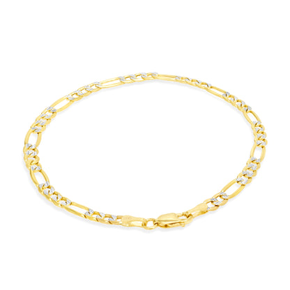 14K Real Yellow Gold Figaro Link 4.5Mm Diamond Cut Pave Chain Bracelet (7"-9") Two Tone Italian Jewelry for Men & Women