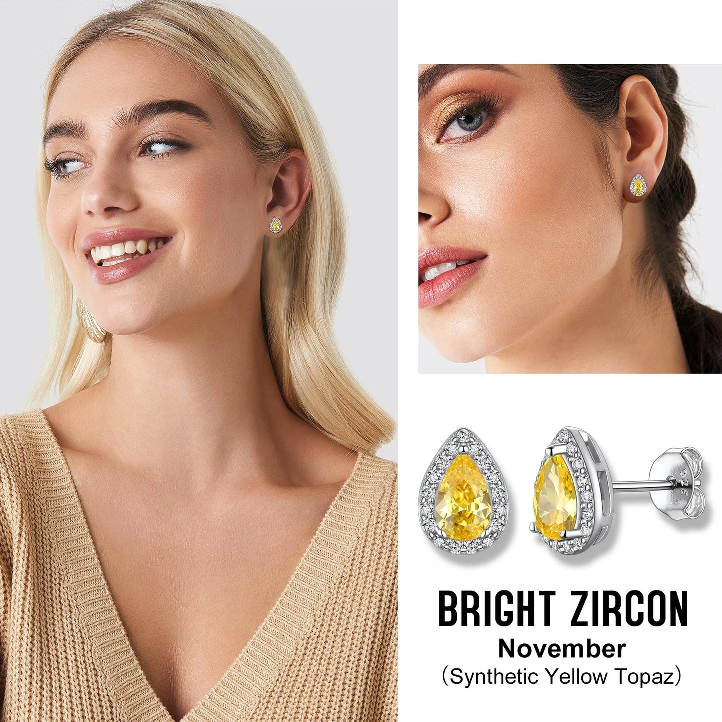 925 Sterling Silver Birthstone Stud Earrings for Women, Sparking November Teardrop Cut Diamond Earrings for Sensitive Ears