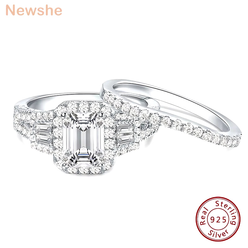 2Pcs Wedding Rings for Women 925 Sterling Silver Halo AAAAA Cubic Zircon Emerald Cut Engagement Ring Bridal Set