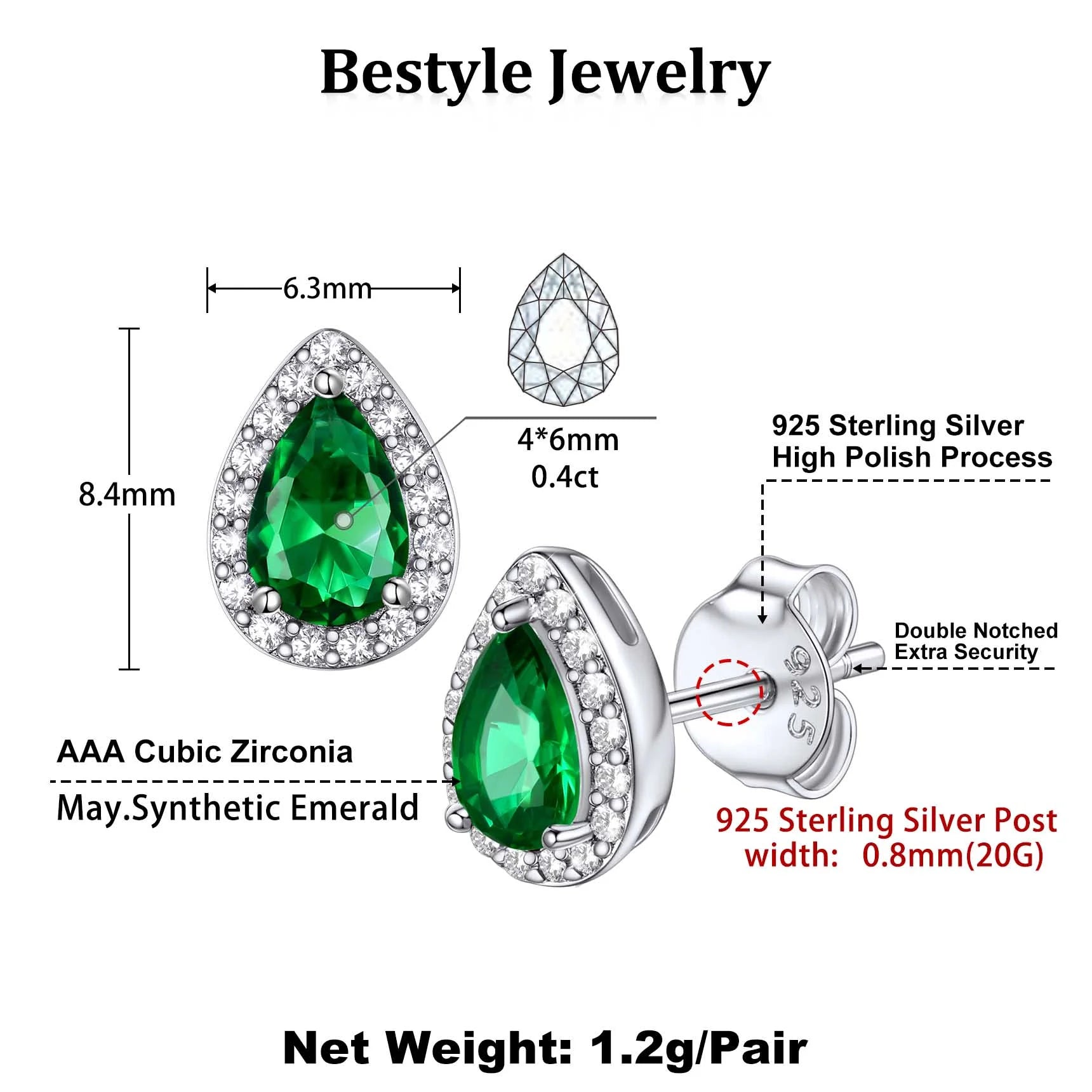 925 Sterling Silver Birthstone Stud Earrings for Women, Sparking May Teardrop Cut Diamond Earrings for Sensitive Ears