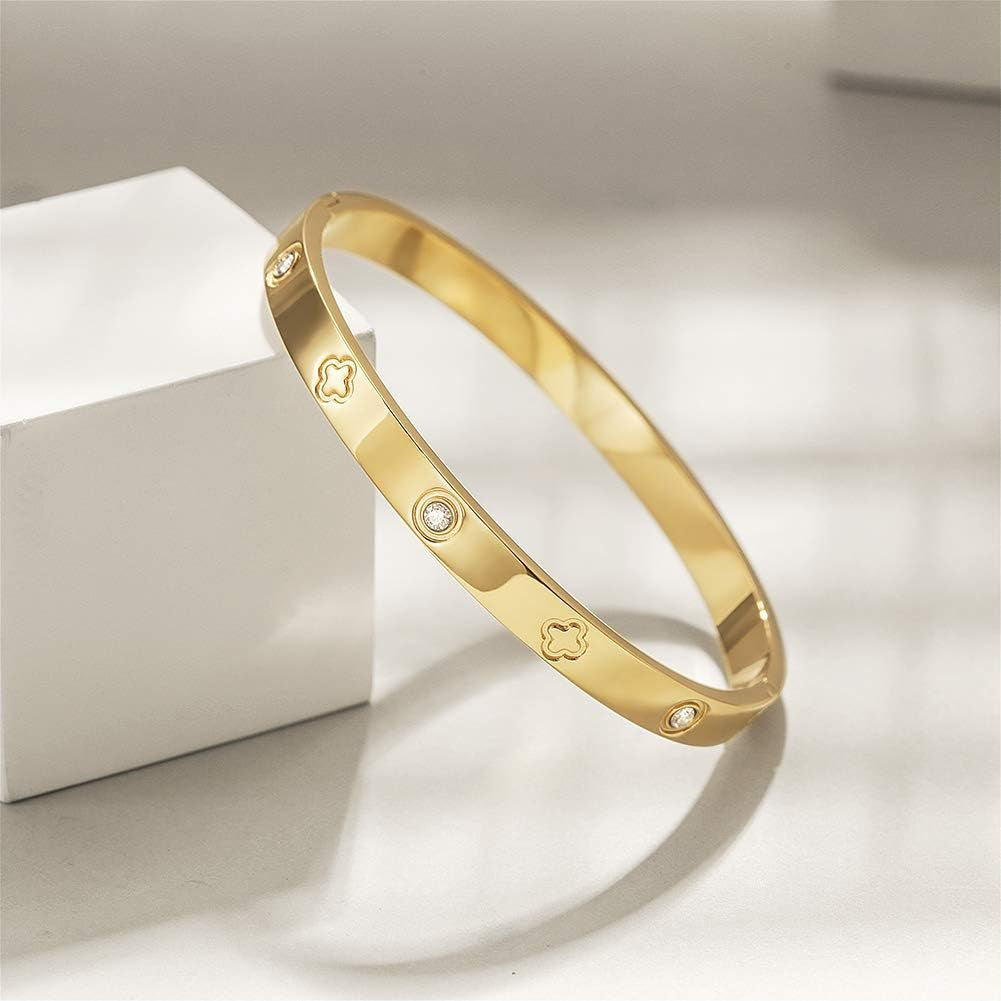 Simple Love Knot Bangle Polished Chunky Bracelet Stainless Steel Gold Gold Silver Plated Adjustable Open Cuff Bracelets for Women Adult Jewelry (Clover)