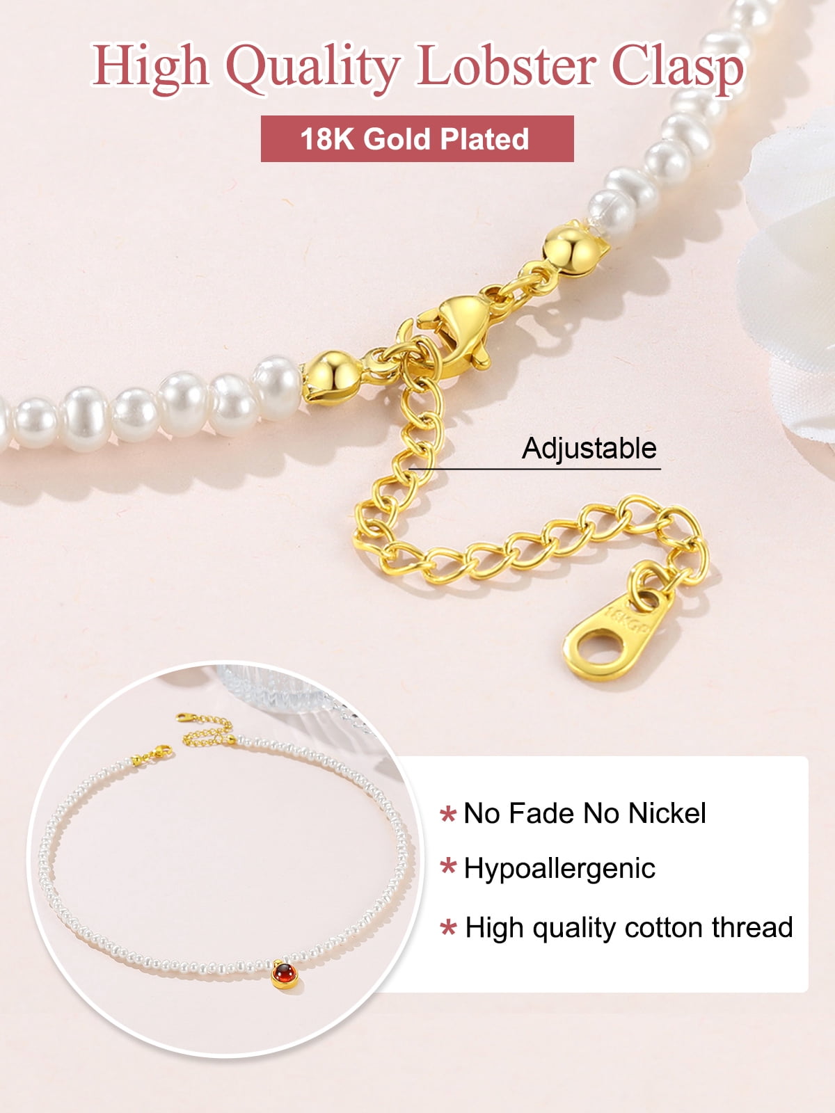 Pearl Necklaces for Women Small Dainty Freshwater Cultured Baroque Pearl Strand Faux Pearl Choker Necklace with July Birthstone
