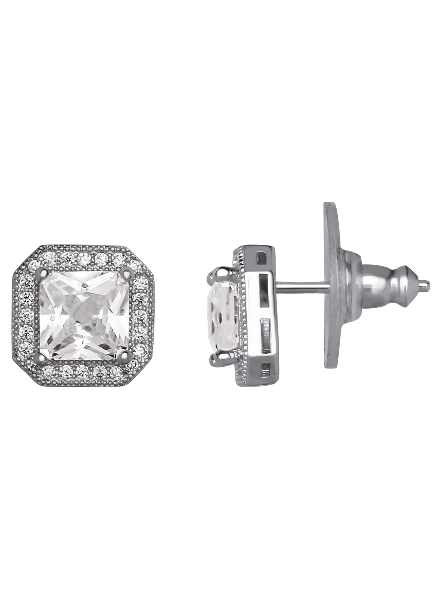 Women'S Square Cubic, Earrings and Pendant Set, Brass and Silver-Plated Chain