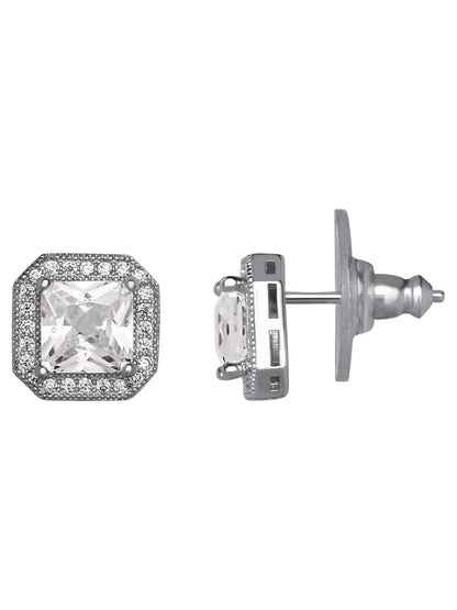 Women'S Square Cubic, Earrings and Pendant Set, Brass and Silver-Plated Chain