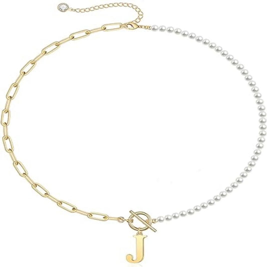 Gold Initial Pearl Necklace for Women, 14K Gold Plated Paperclip Link Chain Necklace Initial Pendant Necklaces A-Z English Alphabet Necklace Jewelry Gifts