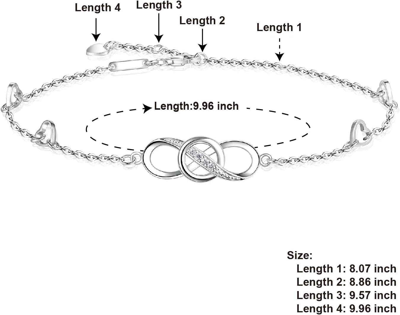 Infinity Ankle Bracelet for Women, 925 Sterling Silver Charm Adjustable Anklet, Large Bracelet Fine Jewelry Mothers Day Gifts White Gold/Rose Gold Plated
