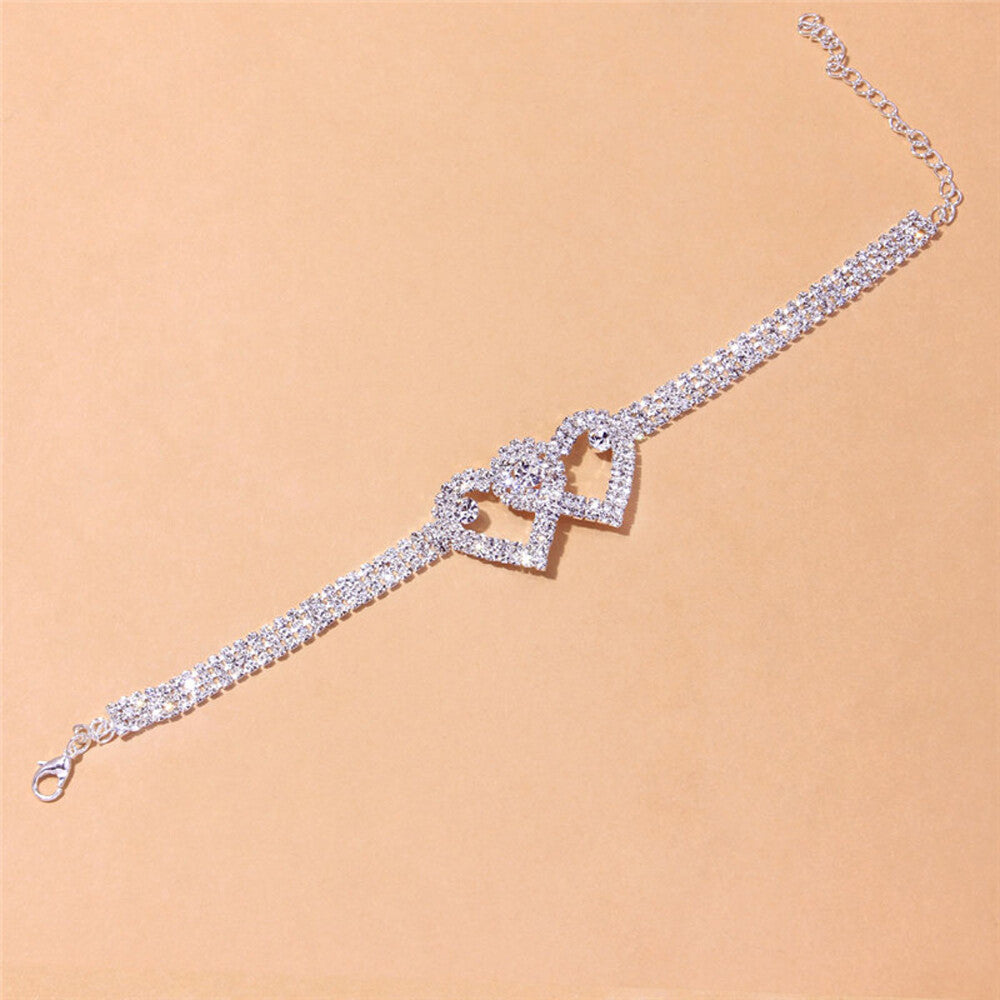 Anklet Double Heart Bracelet Love Barefoot Chain Bling Crystal Ankle Bracelet US