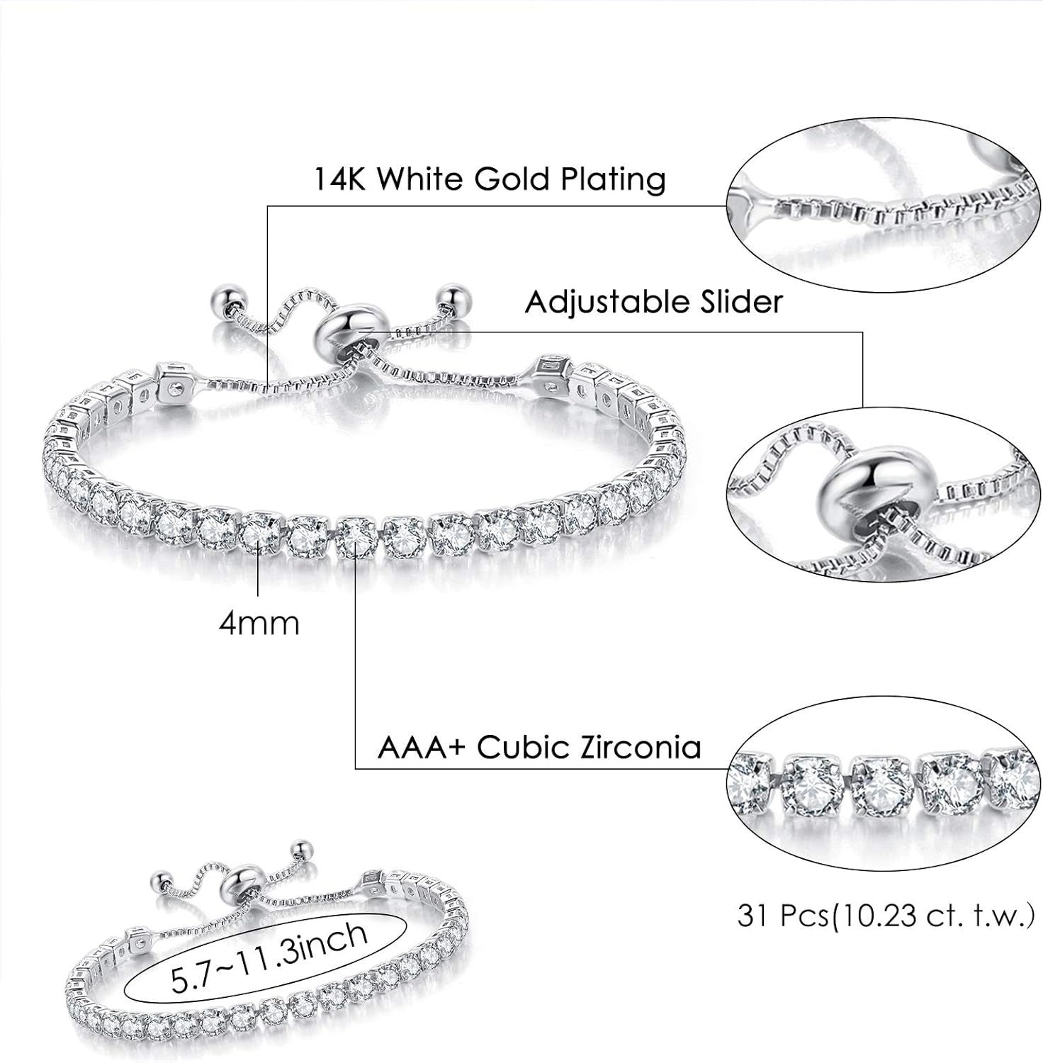 3 Pcs Tennis Bracelets for Women 14K Gold Plated 4Mm 5A+ Cubic Zirconia CZ Diamond Classic Adjustable Slider Bracelet Fashion Jewelry Wedding Gift Size 6.5-7.5 Inch